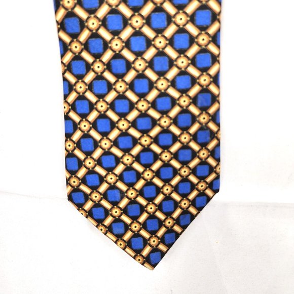 Domani Men's Tie Italian Silk Blue & Gold Geometric Design USA - Picture 2 of 8